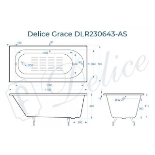 Ванна чугунная Delice Grace DLR230643-AS 170х70 с антискользящим покрытием